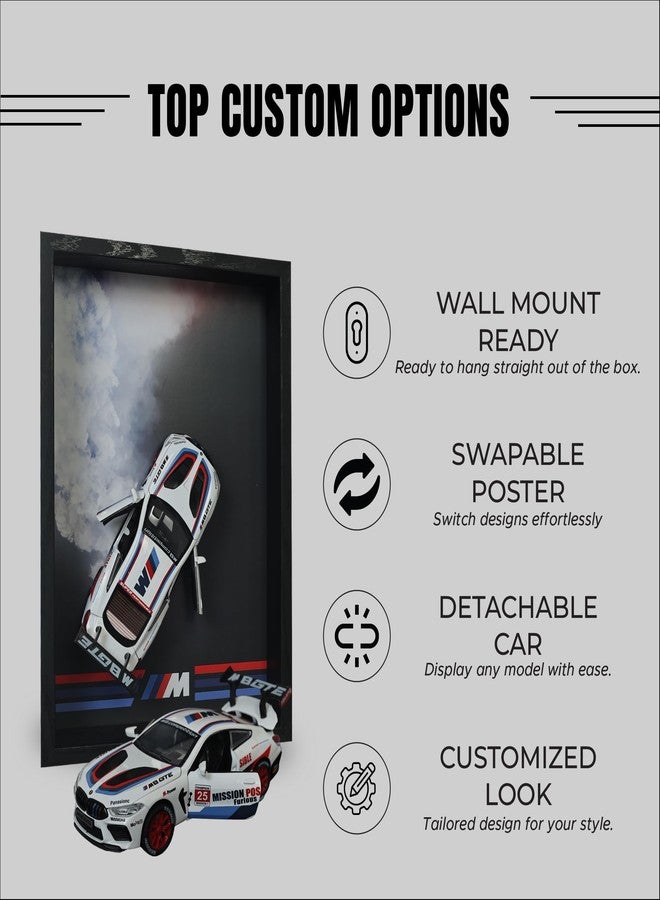 CodersParadise - BMW M8 GTE (White) 3D Car Frame Wall Art | 1:32 Die-Cast Metal Model Car with Wooden Display Frame | Detachable Miniature, Interchangeable Posters, Pull-Back Action, Lights & Opening Doors | Unique Gift for Cars Lovers & Home Décor - Image 3